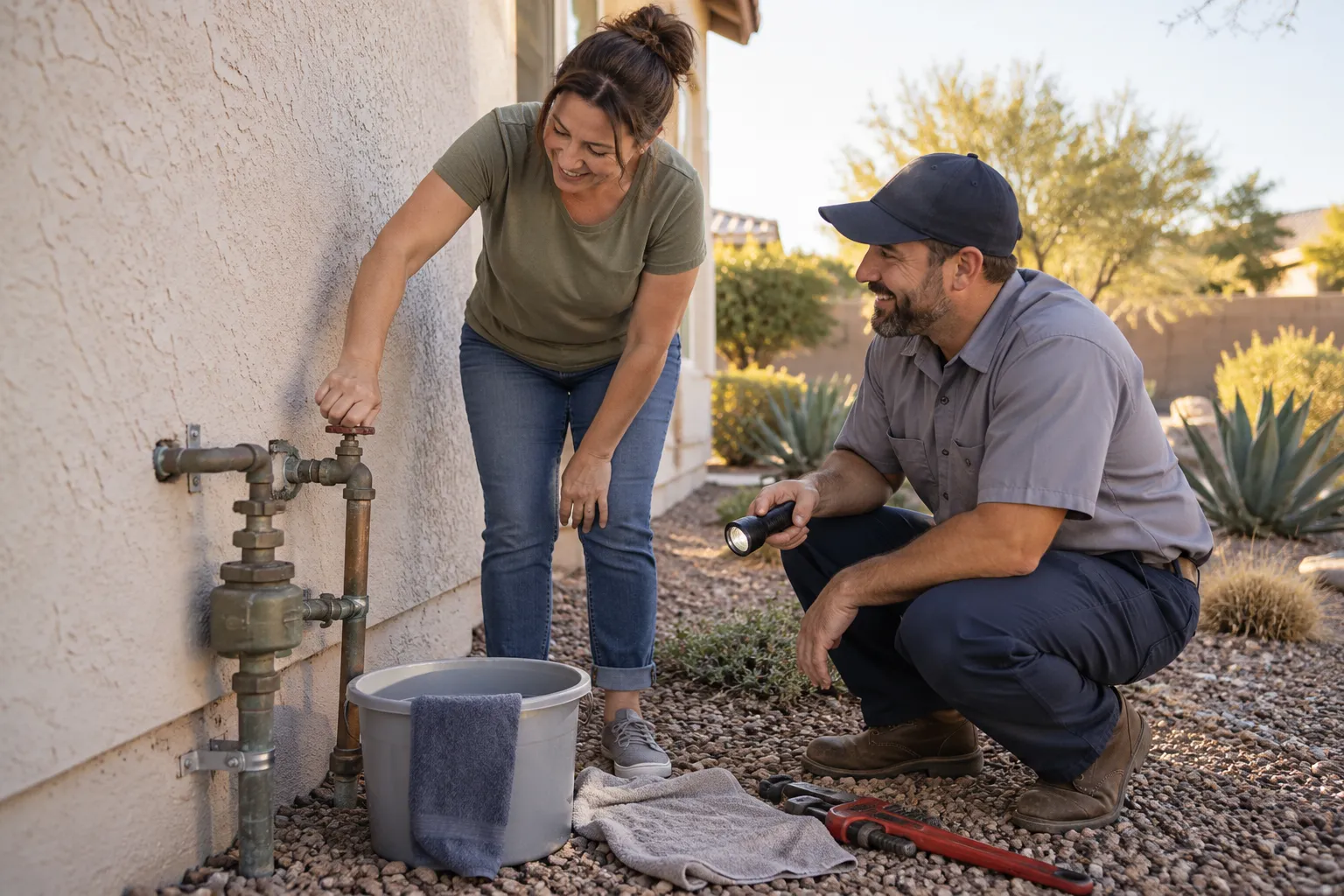Homeowner shutting off a main water valve beside a stucco house in Loomis while a provider kneels to check a pipe
