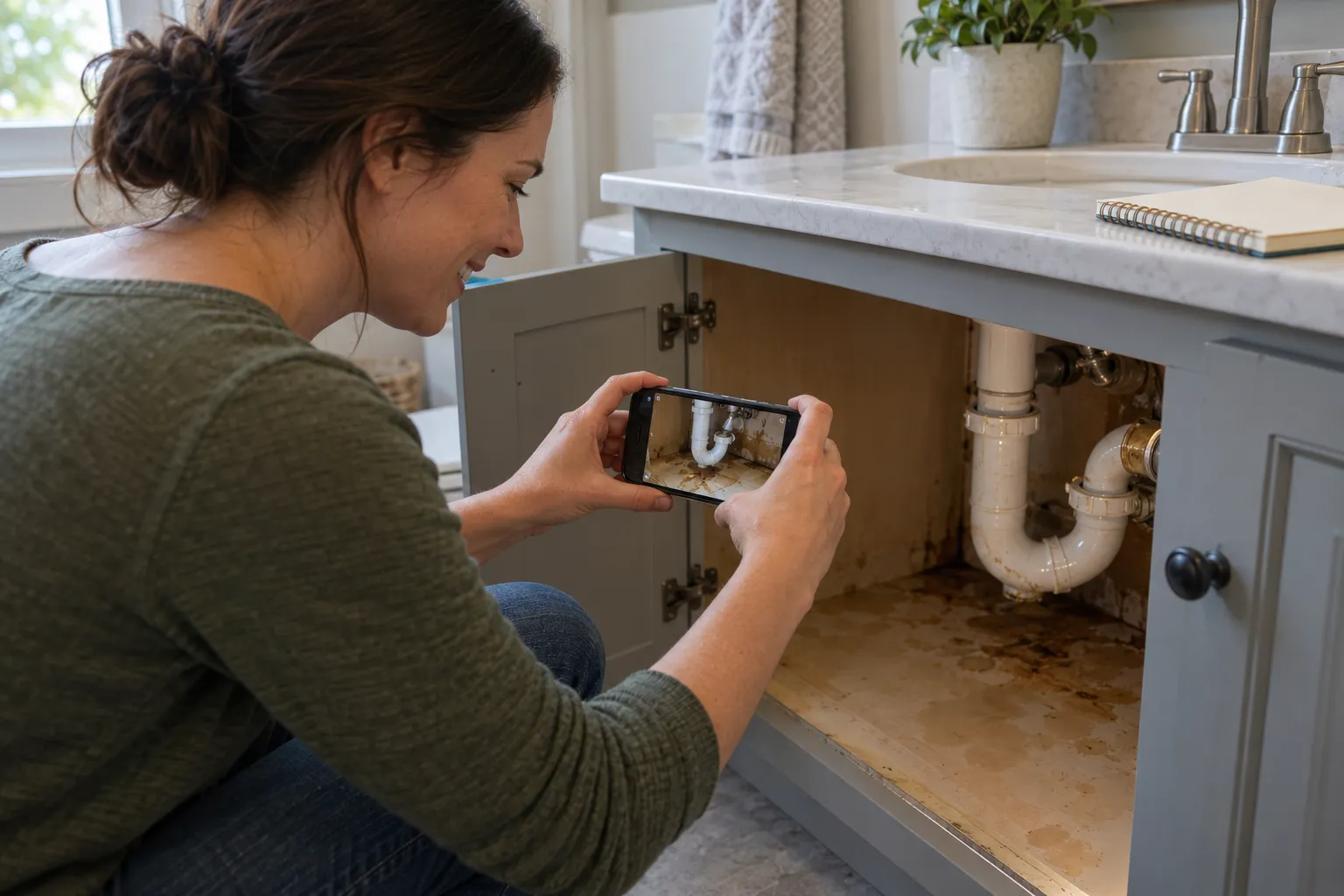 A homeowner photographing a leak to share with a local provider